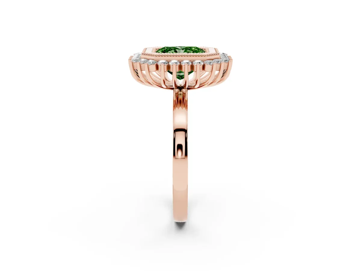 Fancy Green Radiant Cut Halo Diamond Ring with Milgrain Edge and Round Prong Setting Rose gold