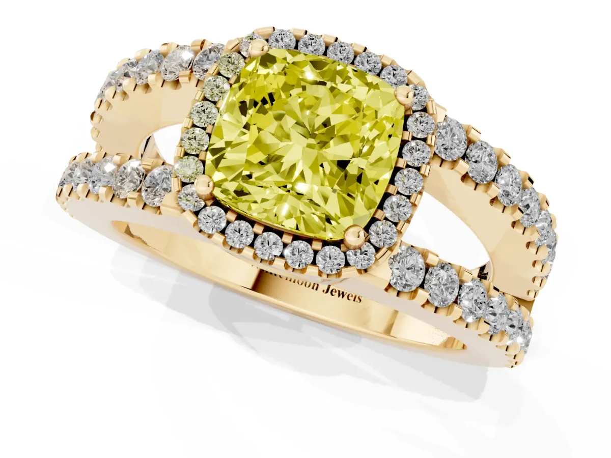 Fancy Yellow Cushion Cut Cut Halo Split Shank Diamond Ring with Four-Prong Setting Yellow gold
