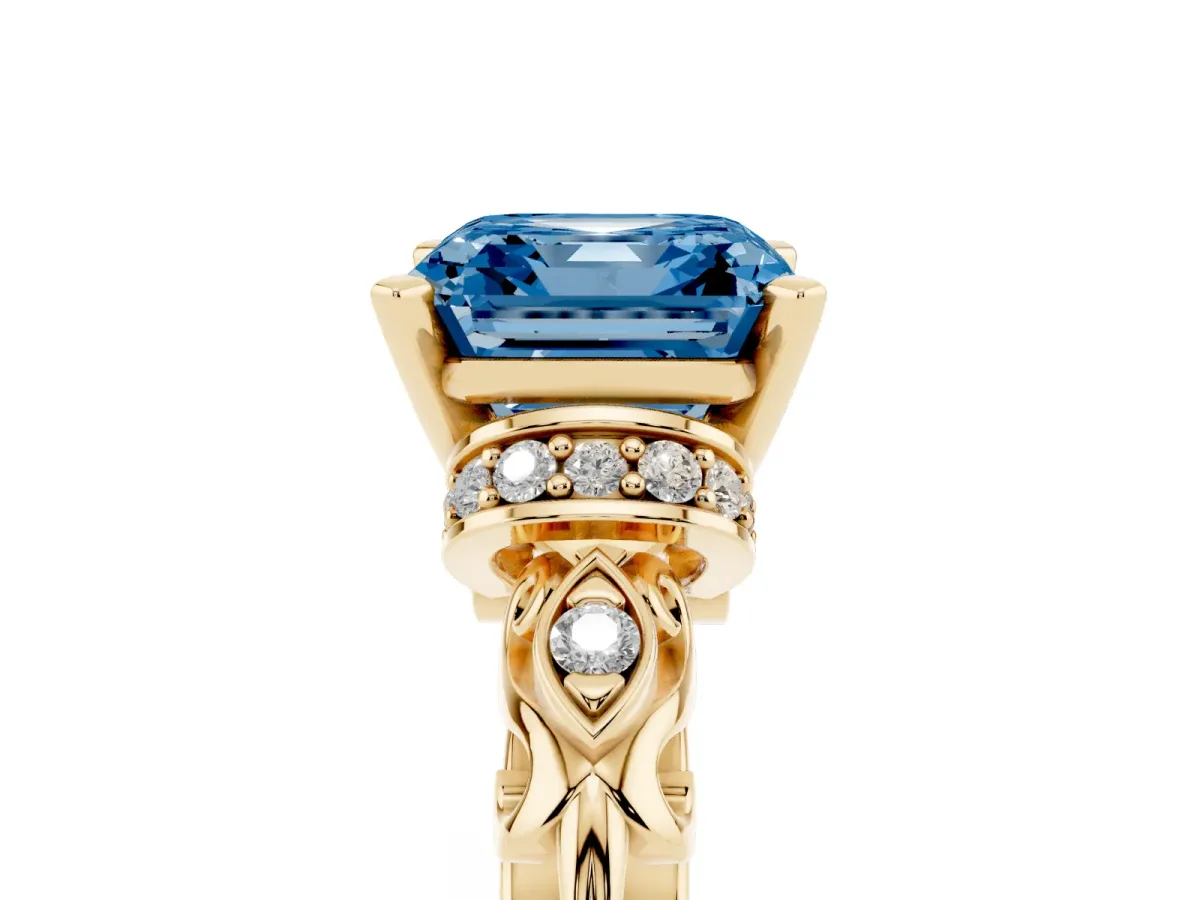 Fancy Blue Asscher Cut Diamond Solitaire Ring with Filigree Band and Four-Prong Setting Yellow gold