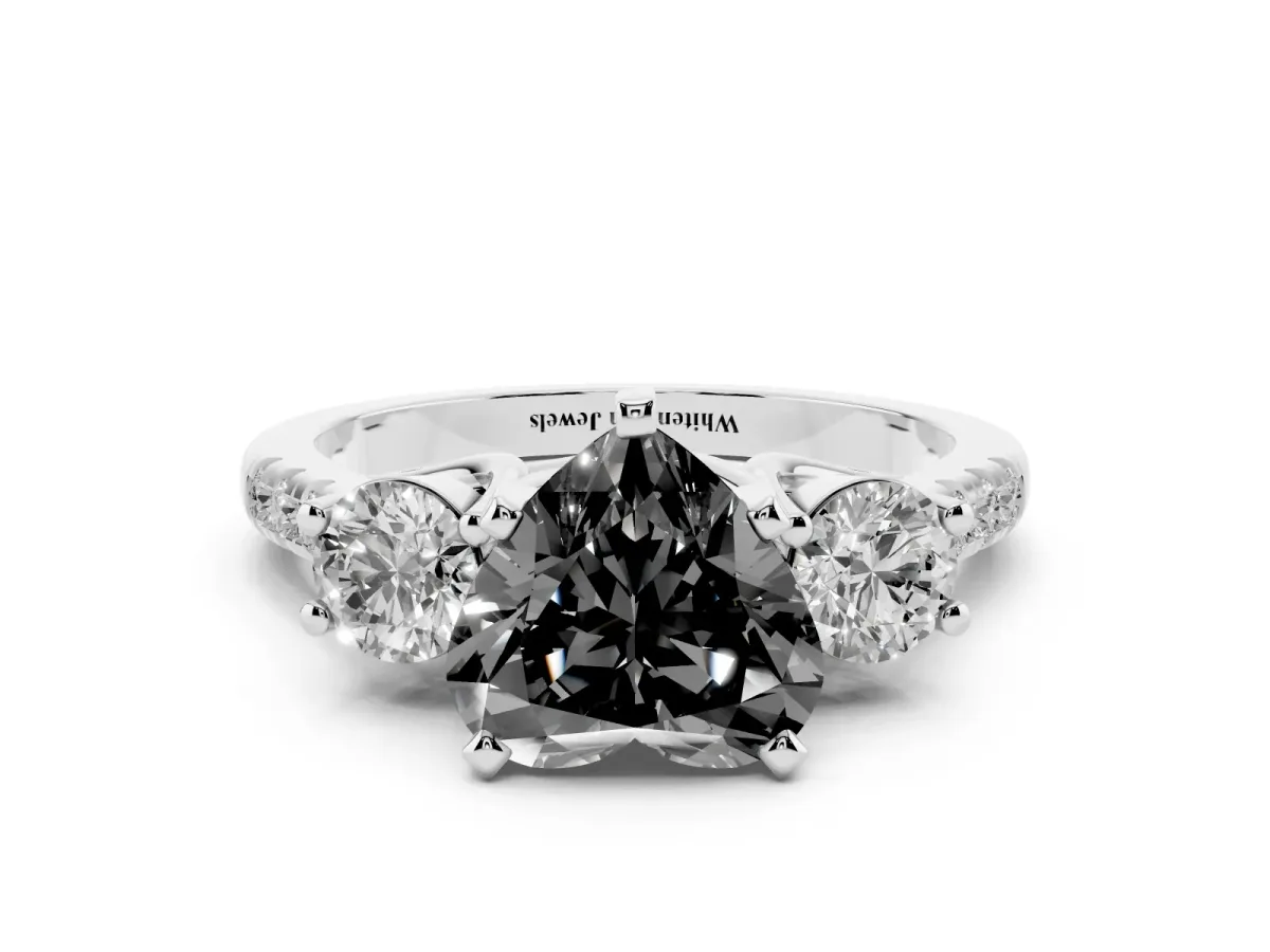 Fancy Black Three-Stone Heart Cut Diamond Pavé Band with Four-Prong Setting Platinum