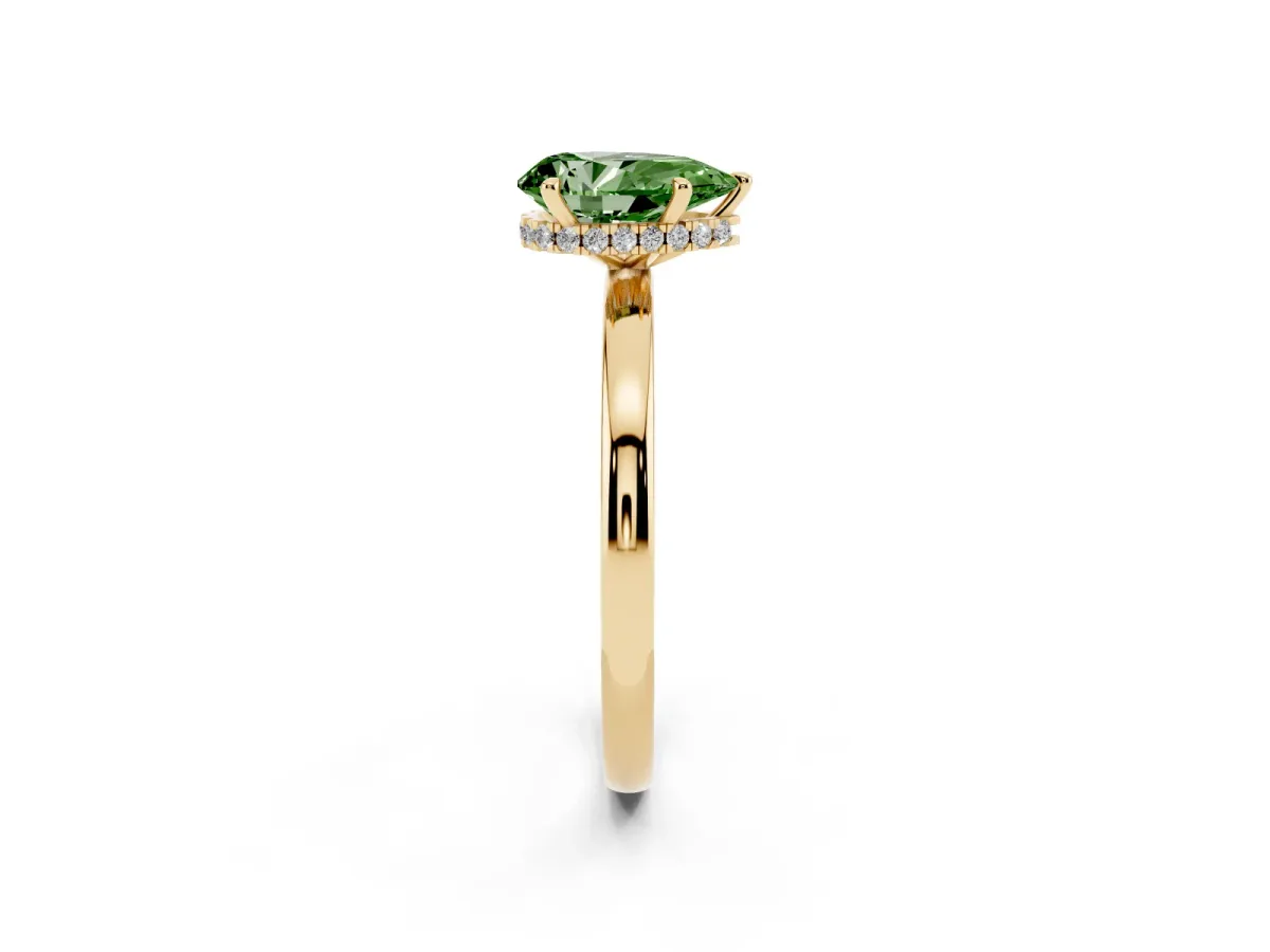 Fancy Green Pear Cut Solitaire Engagement Ring with Cathedral Band and Four-Prong Setting Yellow gold
