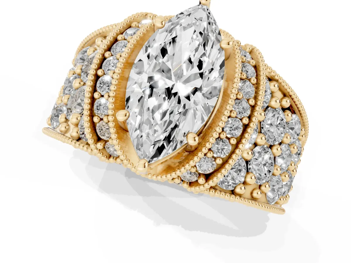 Marquise Cut Halo Pave Diamond Engagement Ring with Milgrain Detailing Yellow gold