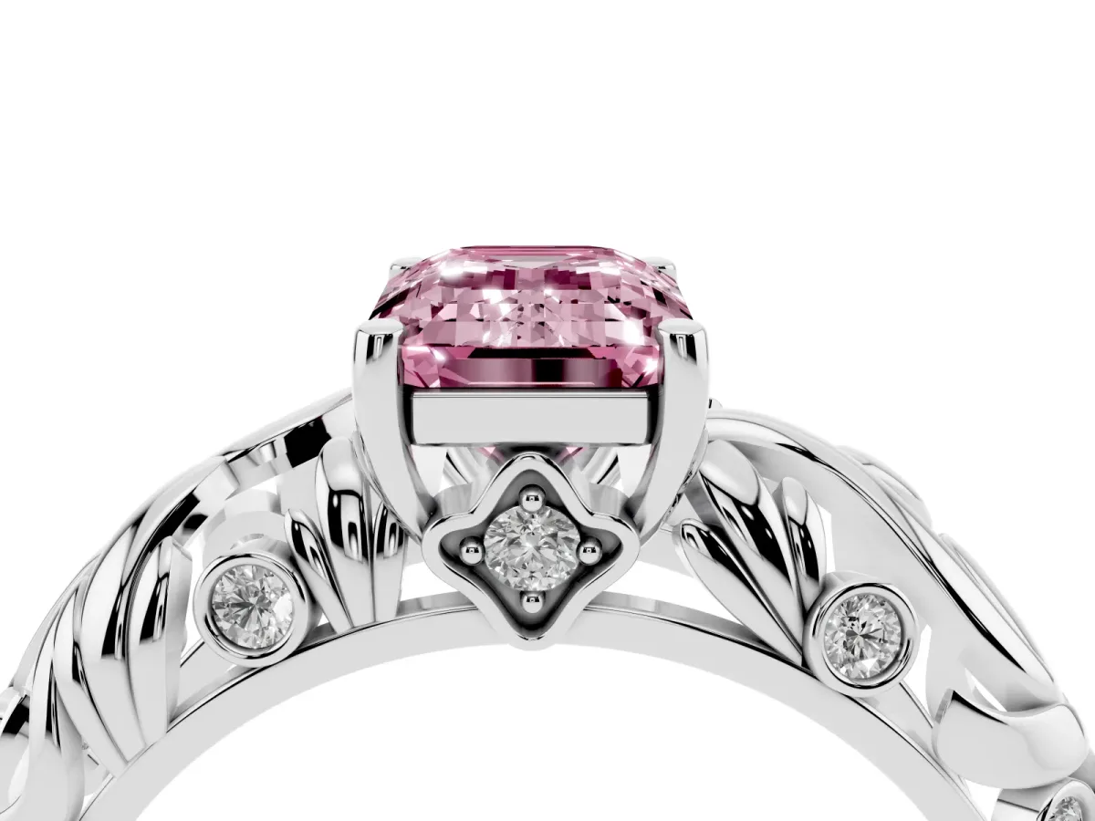 Fancy Pink Emerald Cut Solitaire Diamond Leaf-Inspired Vine Band Ring with Prong Setting Platinum