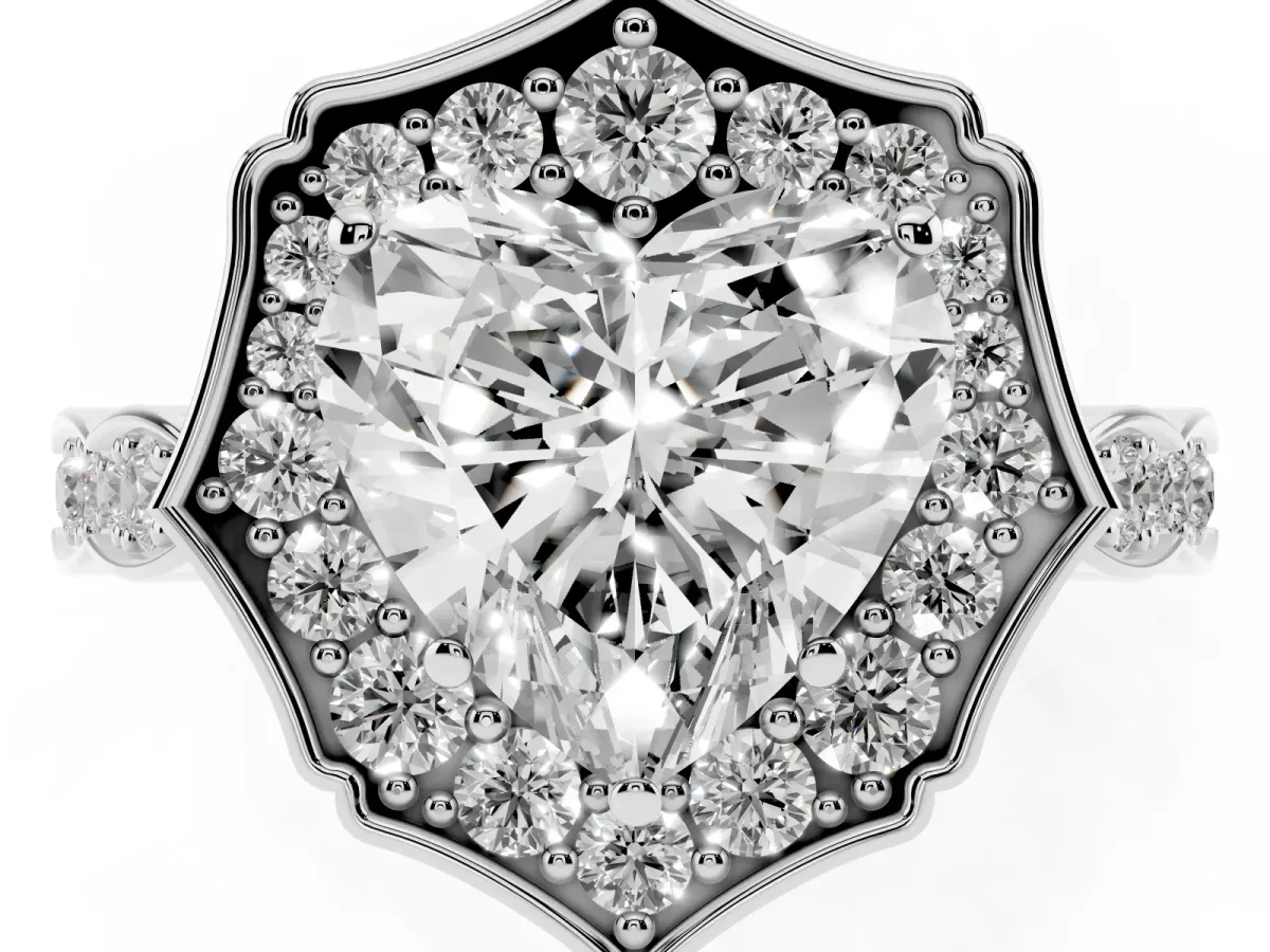 Heart Cut Halo Diamond Engagement Ring with Milgrain Band and Four-Prong Setting White gold