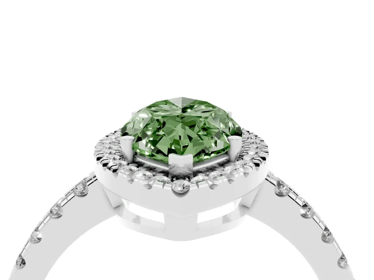 Fancy Green Marquise Cut Diamond Halo Ring with Pavé Band and Four-Prong Setting White gold