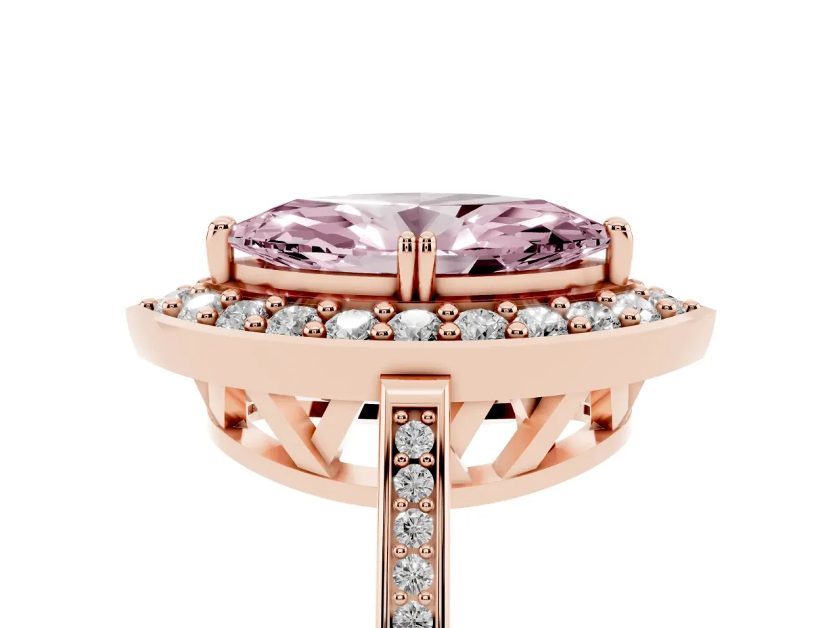 Fancy Pink Marquise Cut Diamond Halo Ring with Split Shank and Four-Prong Setting Rose gold