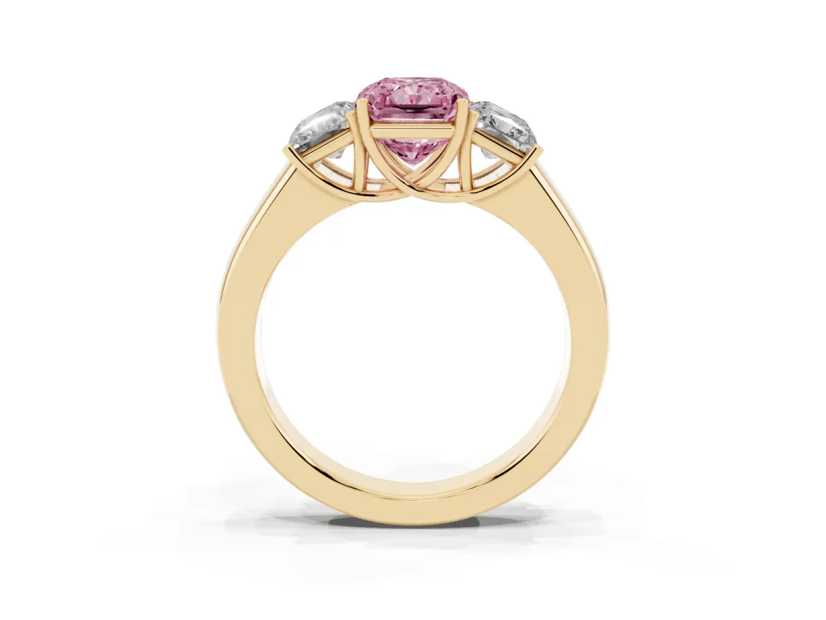 Fancy Pink Three-Stone Radiant Cut Cut Diamond Ring with Prong Setting and Classic Band Yellow gold