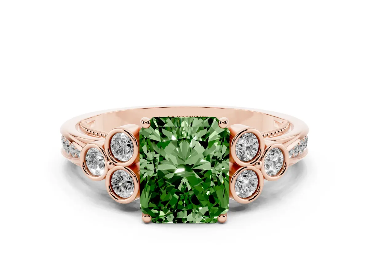 Fancy Green Radiant Cut Cut Diamond Engagement Ring with Bezel Set Round Side Stones and Prong Setting Rose gold