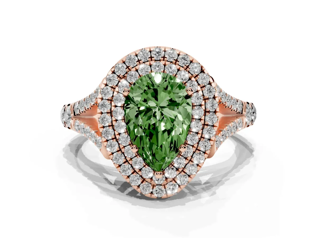 Fancy Green Pear Cut Cut Double Halo Split Shank Diamond Ring with Prong Setting Rose gold