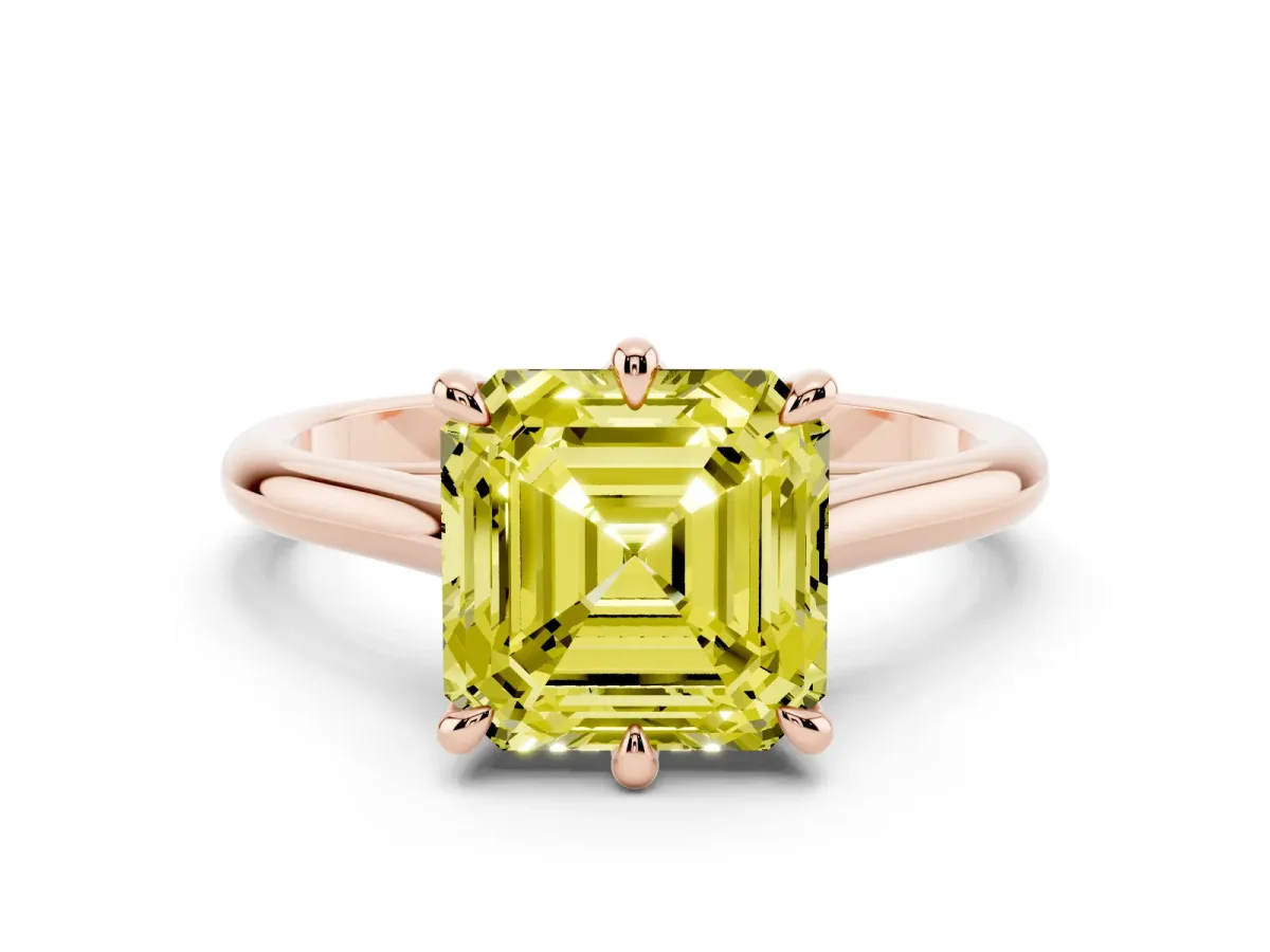 Fancy Yellow Asscher Cut Solitaire Engagement Ring with Six-Prong Setting and Classic Band Rose gold