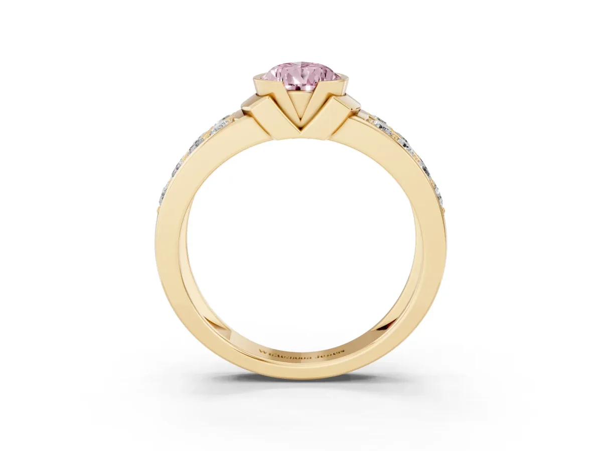 Fancy Pink Pear Cut Brilliant Diamond Channel Set Wide Band Ring with Bezel Setting Yellow gold