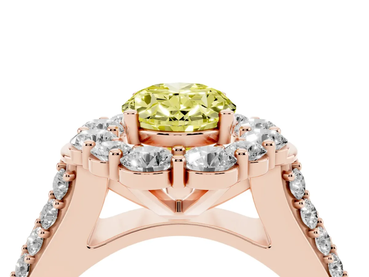 Fancy Yellow Oval Cut Halo Diamond Engagement Ring with Split Shank and Prong Setting Rose gold