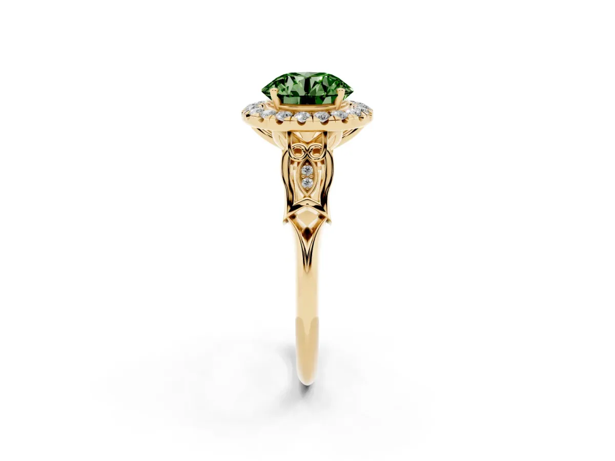 Fancy Green Round Cut Halo Diamond Engagement Ring with Filigree Band and Four-Prong Setting Yellow gold