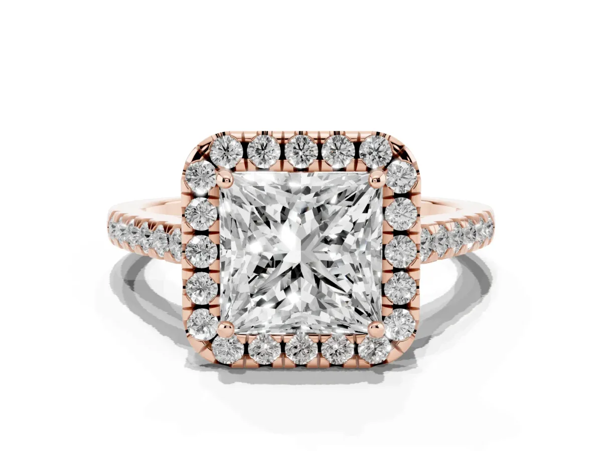 Princess Cut Halo Pavé Diamond Engagement Ring with Four-Prong Setting Rose gold