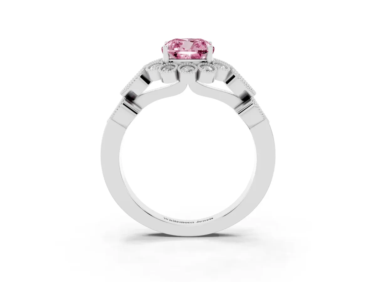 Fancy Pink Cushion Cut Brilliant Milgrain Pave Heart Band Solitaire Ring Silver