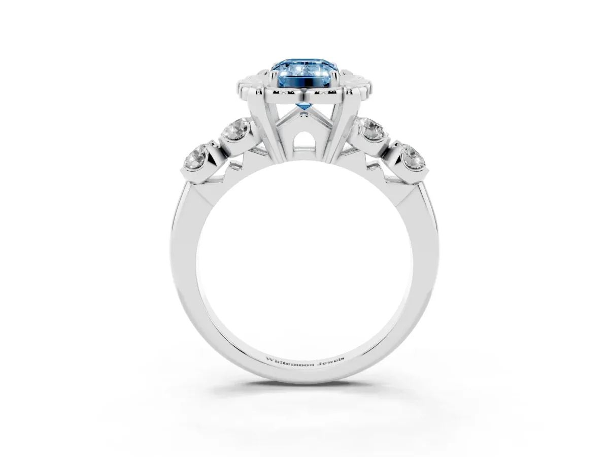 Fancy Blue Emerald Cut Cut Diamond Floral Halo Engagement Ring with Shared Prong Setting Silver