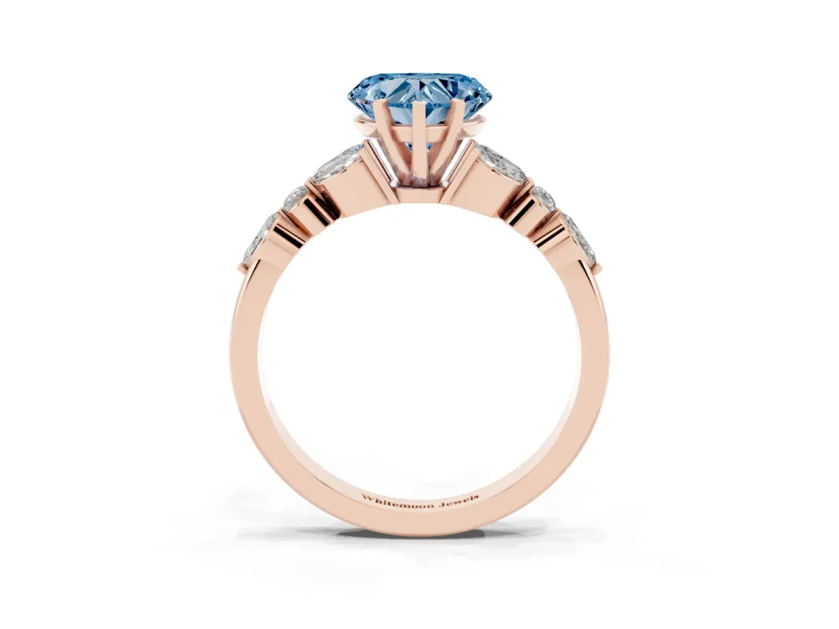 Fancy Blue Heart Cut Diamond Solitaire Ring with Side Stones and Four-Prong Setting Rose gold