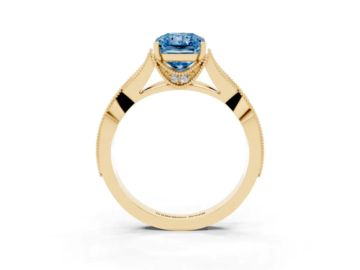 Fancy Blue Radiant Cut Cut Diamond Twisted Band with Milgrain Pave Setting and Four-Prong Setting Yellow gold