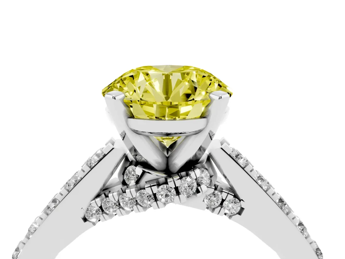 Fancy Yellow Round Cut Diamond Solitaire Ring with Crossover Gallery and Round Pavé Band Silver