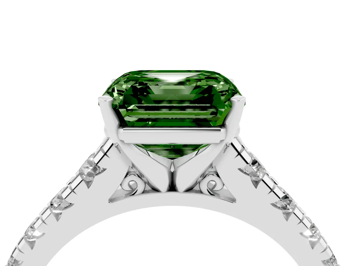 Fancy Green Asscher Cut Diamond Cathedral Solitaire Ring with Round Pavé Band Silver