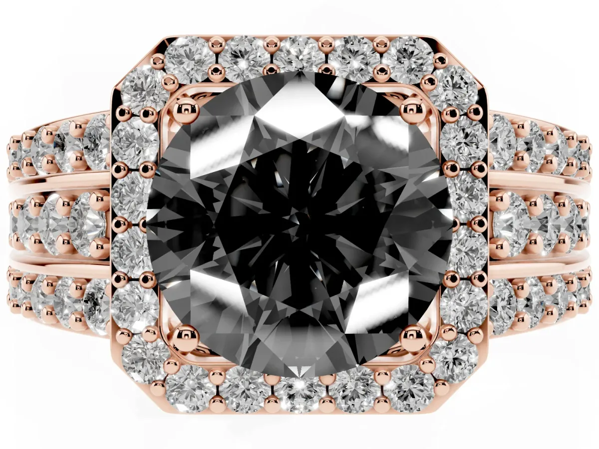 Fancy Black Round Cut Halo Diamond Ring with Round Split Shank and Prong Setting Rose gold