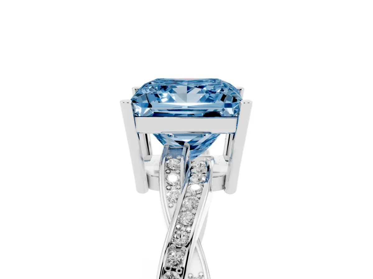 Fancy Blue Princess Cut Solitaire Twisted Pave Diamond Ring with Four-Prong Setting Silver
