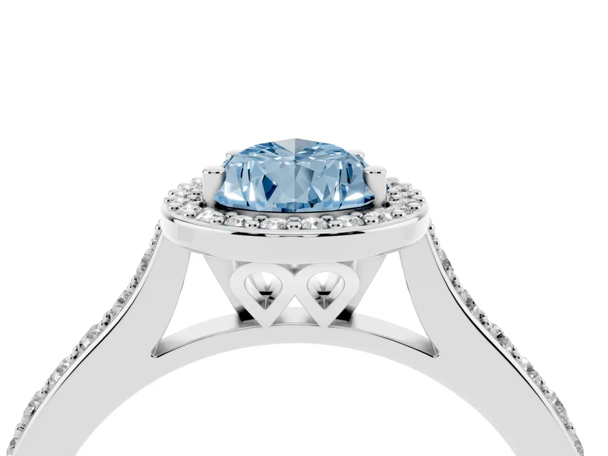 Fancy Blue Pear Cut Diamond Halo Engagement Ring with Round Pavé Shoulders and Prong Setting Platinum