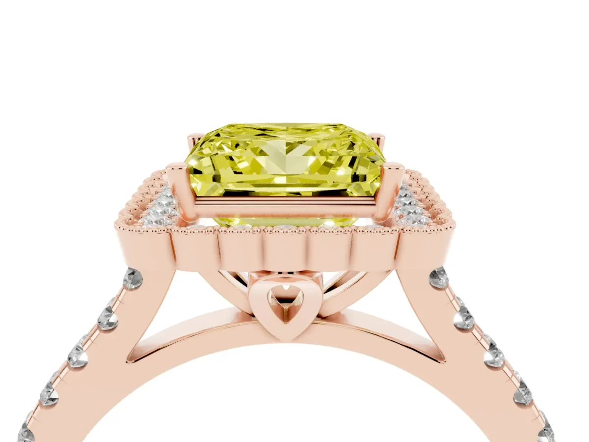 Fancy Yellow Princess Cut Cut Diamond Milgrain Floral Halo Engagement Ring with Pavé Band Rose gold