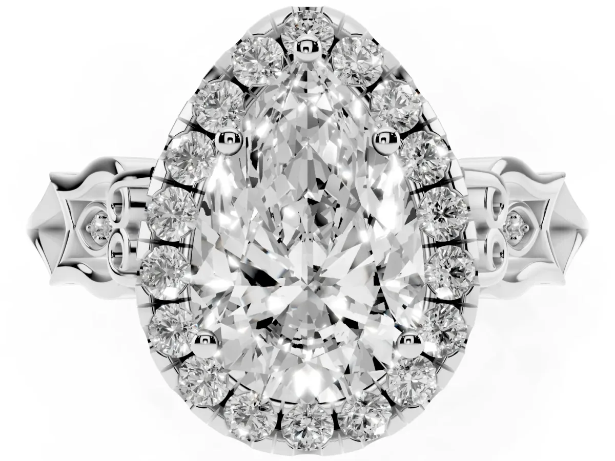 Pear Cut Halo Diamond Engagement Ring with Filigree Band and Four-Prong Setting Platinum