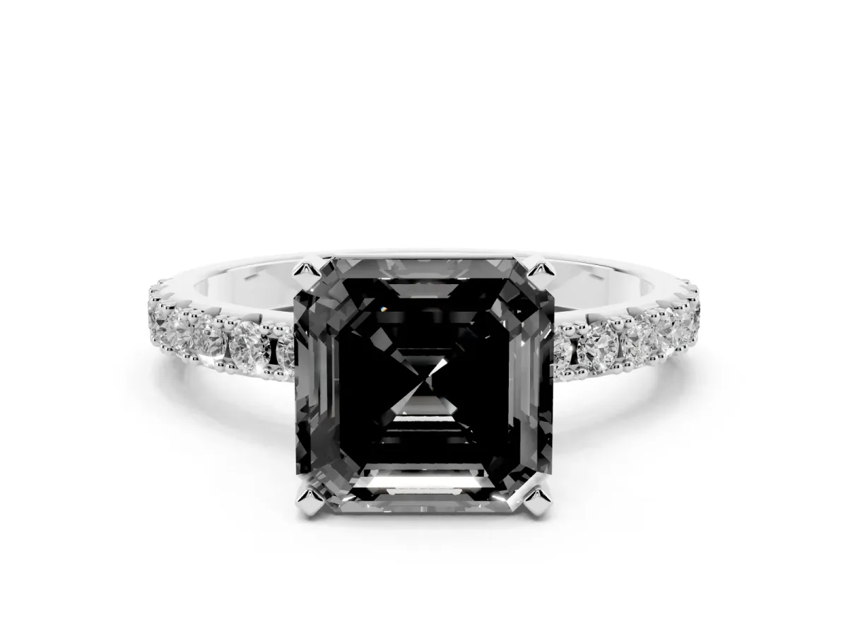Fancy Black Asscher Cut Diamond Solitaire Pavé Band with Four-Prong Setting Silver