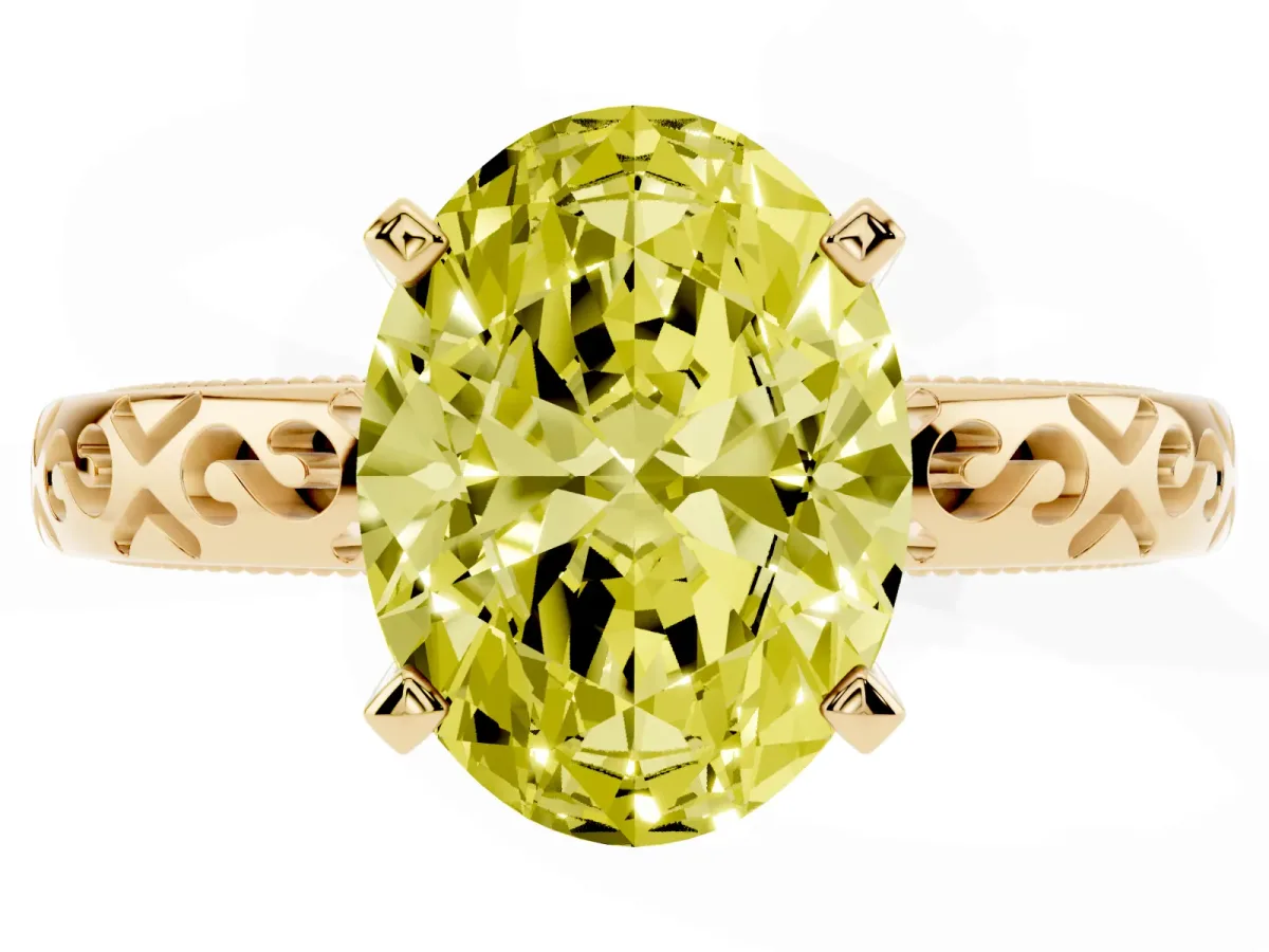 Fancy Yellow Oval Cut Solitaire Engagement Ring with Scrollwork Band and Four-Prong Setting Yellow gold