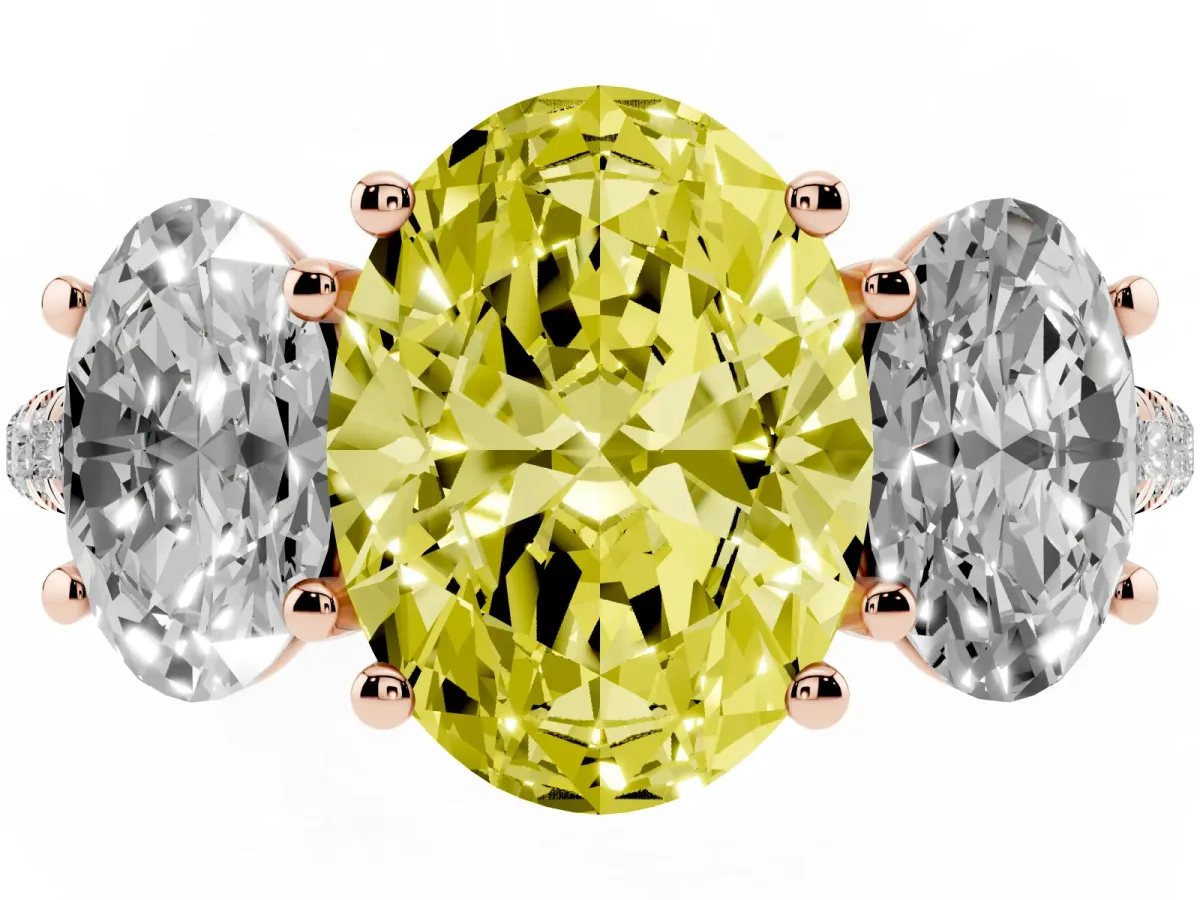 Fancy Yellow Three-Stone Oval Cut Diamond Ring with Round Pavé Band and Prong Setting Rose gold