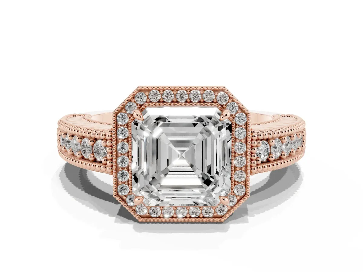 Asscher Cut Cut Halo Diamond Ring with Pavé Band and Four-Prong Setting Rose gold