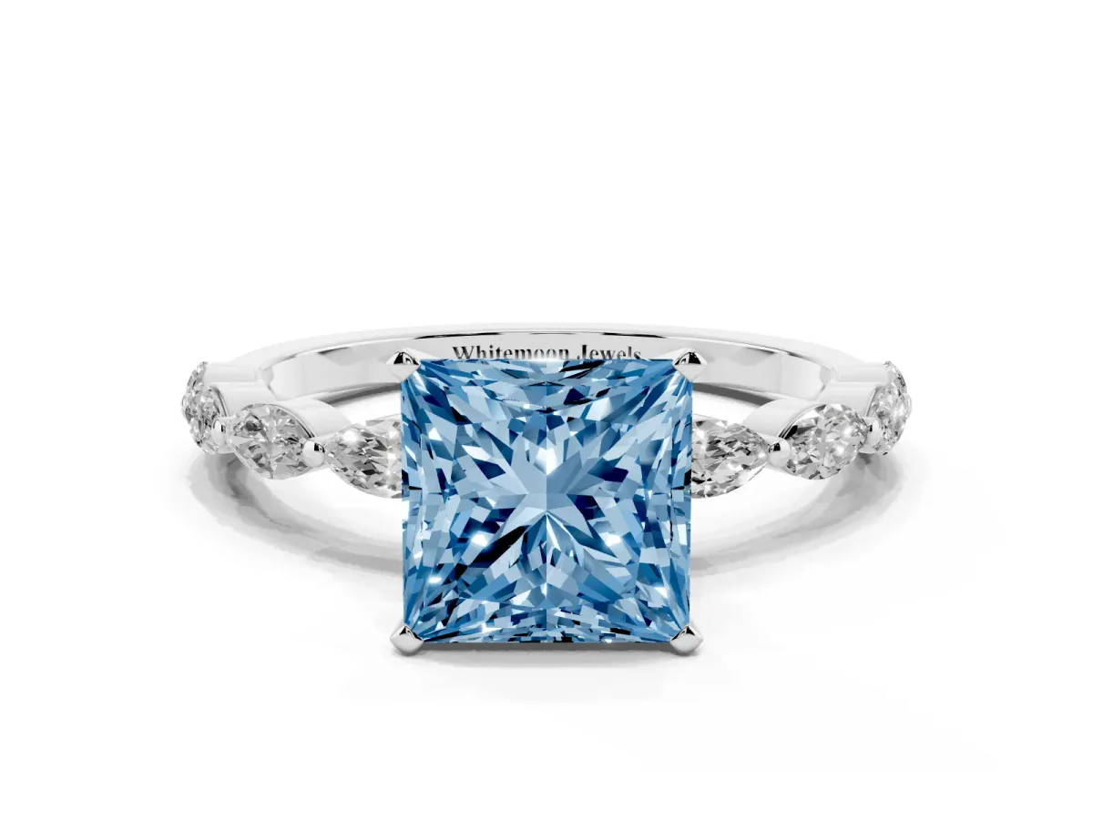 Fancy Blue Princess Cut Diamond Ring with Marquise Side Stones and Prong Setting White gold