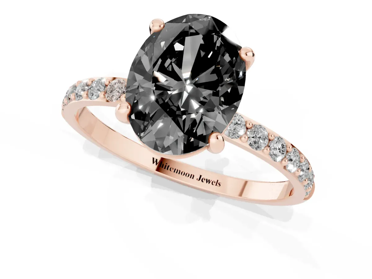 Fancy Black Oval Cut Diamond Solitaire Ring with Round Pavé Band and Prong Setting Rose gold
