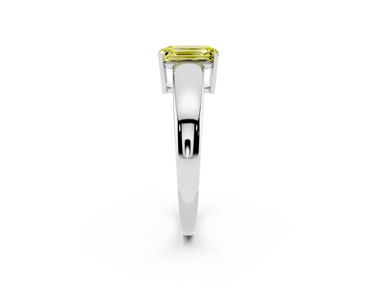 Fancy Yellow Emerald Cut Solitaire Diamond Ring with Tapered Band and Four-Prong Setting Silver