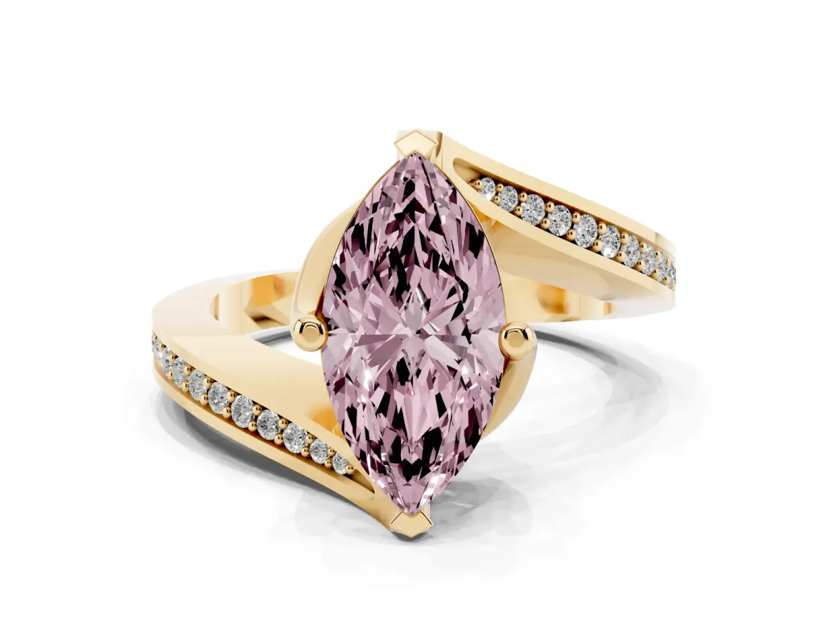 Fancy Pink Marquise Cut Solitaire Diamond Twist Band with Pavé Setting and Four-Prong Setting Yellow gold