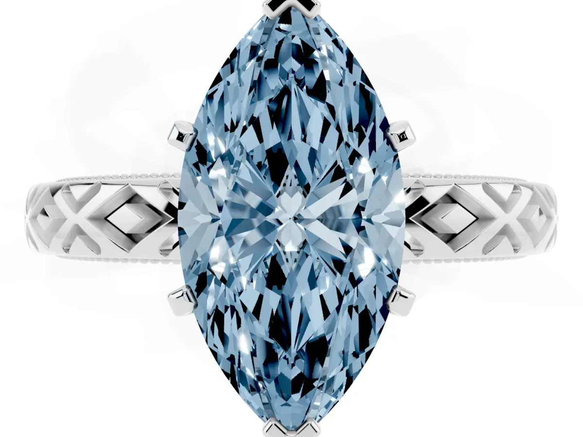 Fancy Blue Marquise Cut Solitaire Diamond Ring with Milgrain and Black Enamel X Pattern Band Platinum