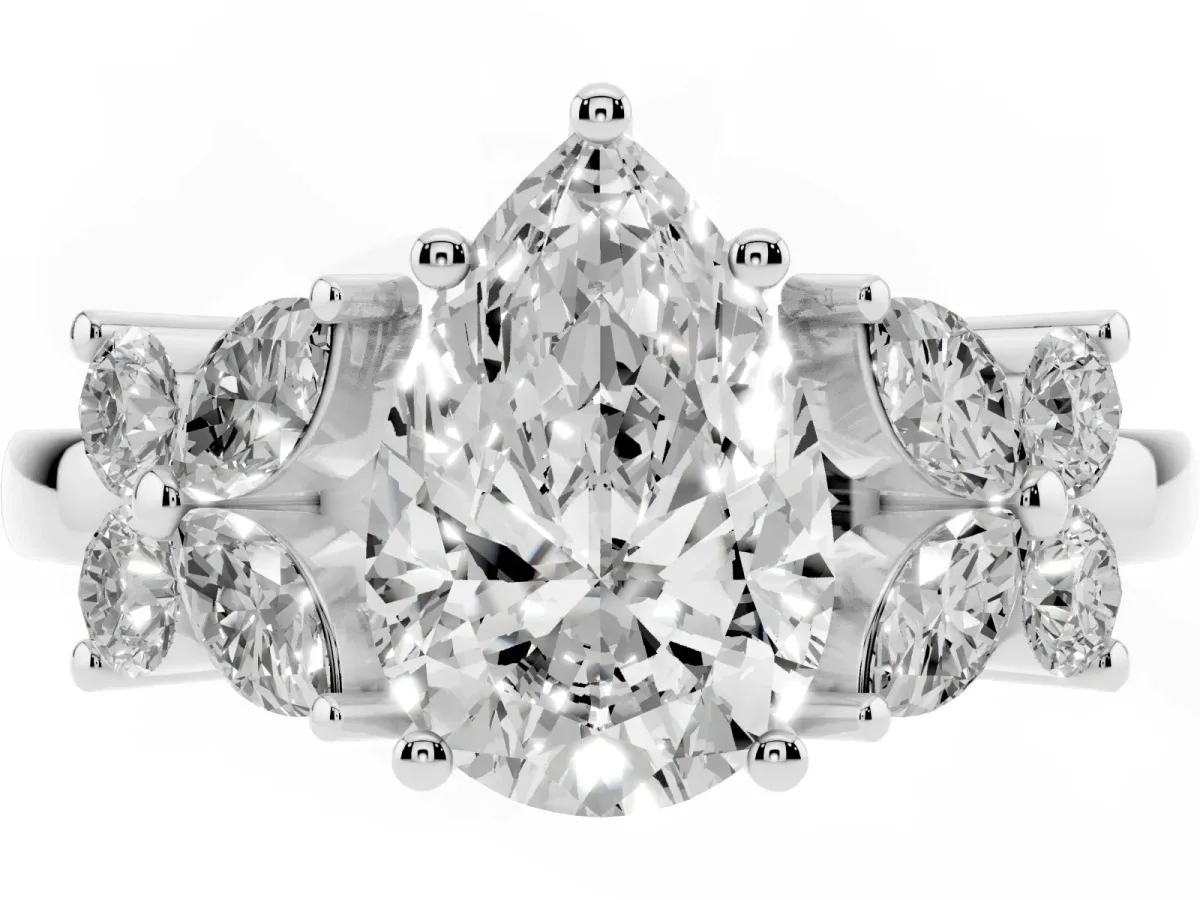Pear Cut Diamond Floral Cluster Ring with Solitaire Band and Prong Setting Silver