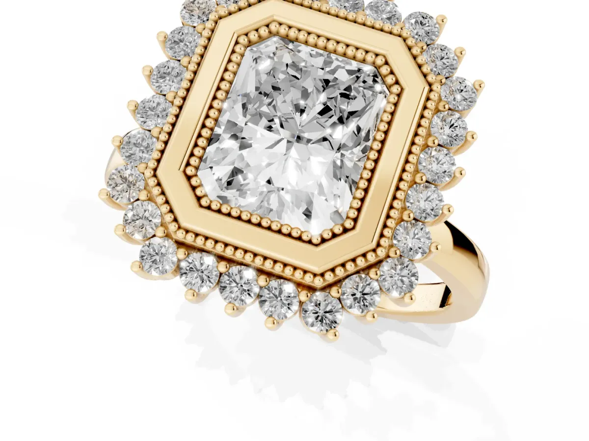 Radiant Cut Halo Diamond Ring with Milgrain Edge and Round Prong Setting Yellow gold