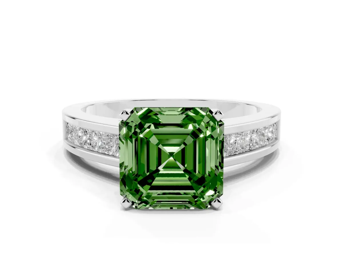 Fancy Green Asscher Cut Solitaire Diamond Ring with Channel-Set Band and Four-Prong Setting Silver