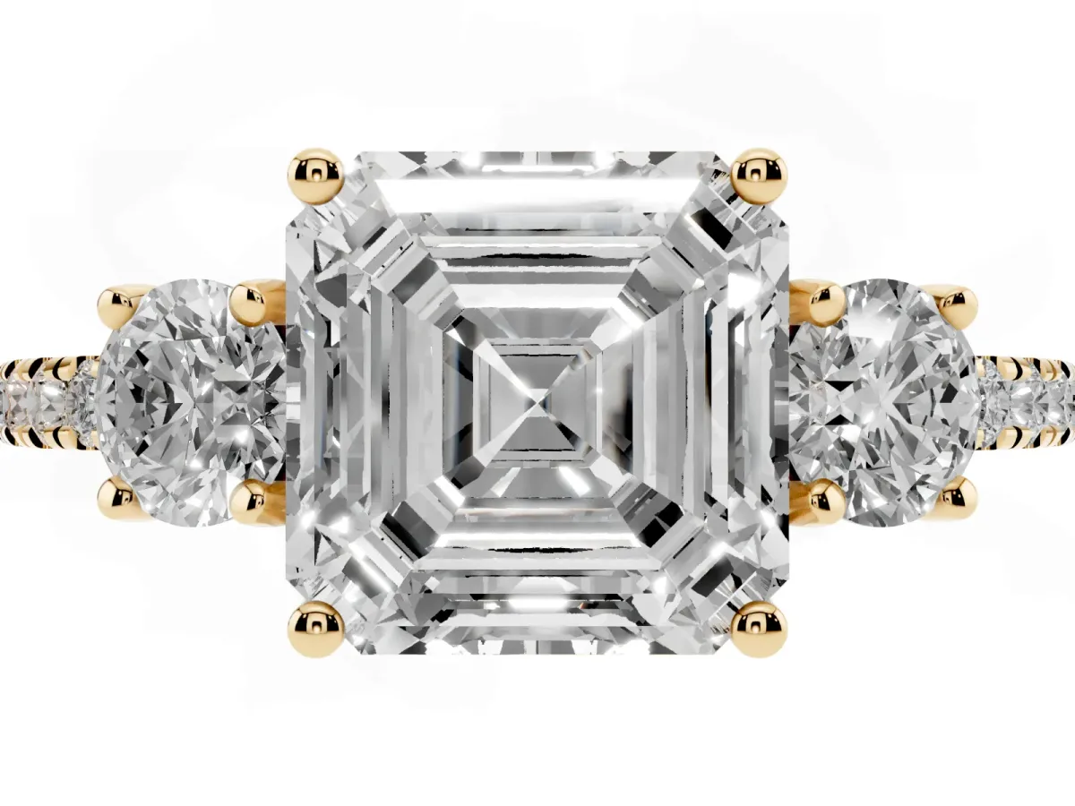 Three-Stone Asscher Cut Cut Diamond Pavé Band with Prong Setting Yellow gold