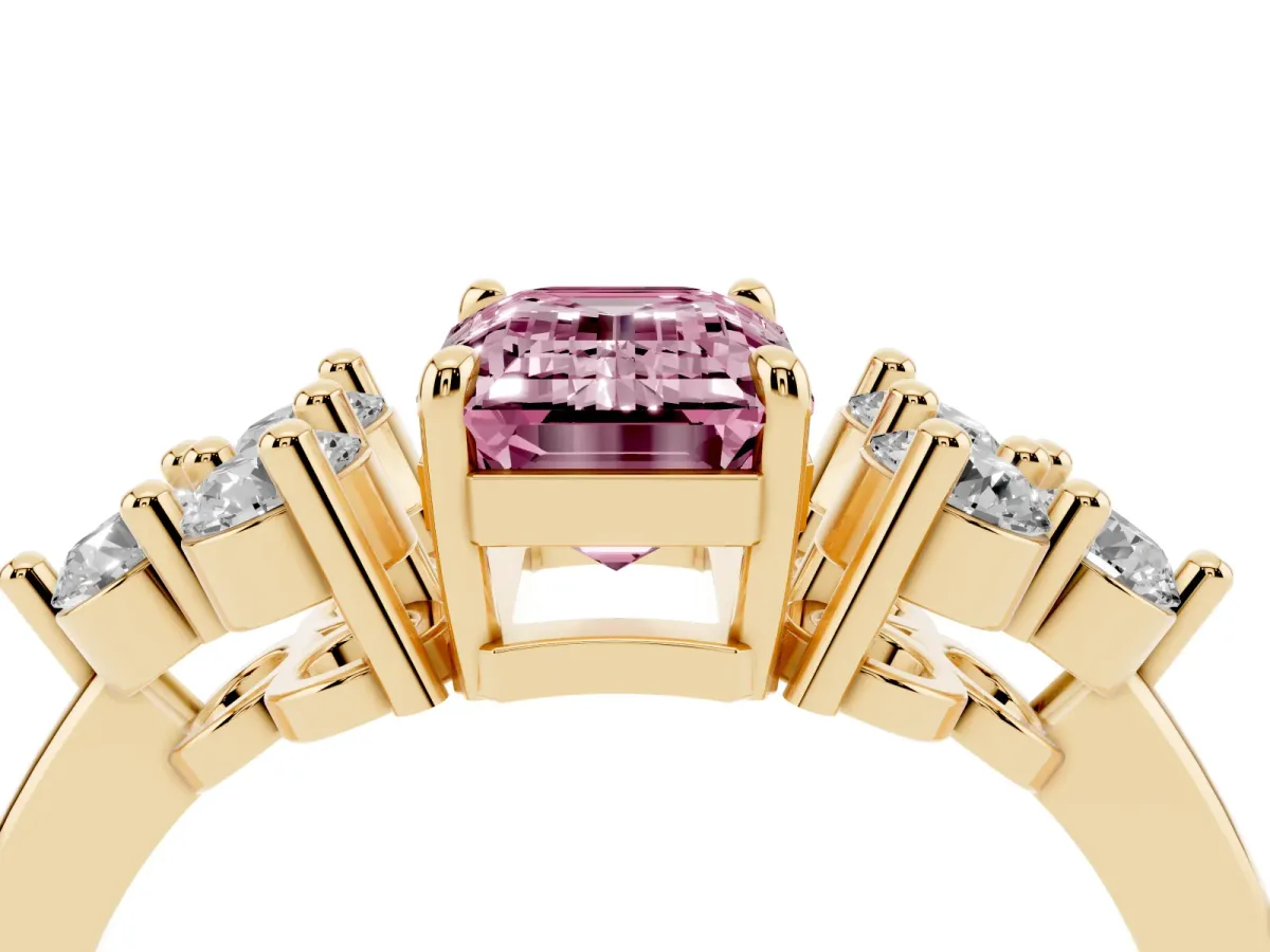 Fancy Pink Emerald Cut Brilliant Diamond Cluster Accent Solitaire Ring with Prong Setting Yellow gold