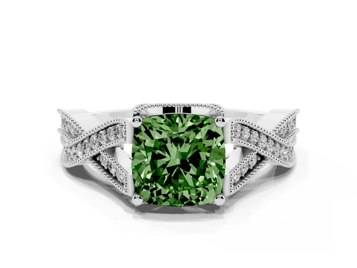 Fancy Green Cushion Cut Cut Diamond Twisted Band with Milgrain Pave Setting and Four-Prong Setting Platinum