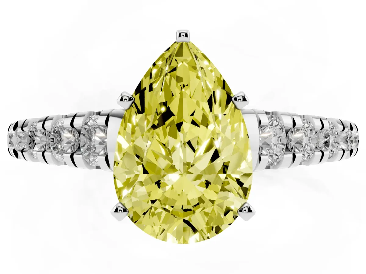 Fancy Yellow Pear Cut Diamond Cathedral Solitaire Ring with Round Pavé Band Silver