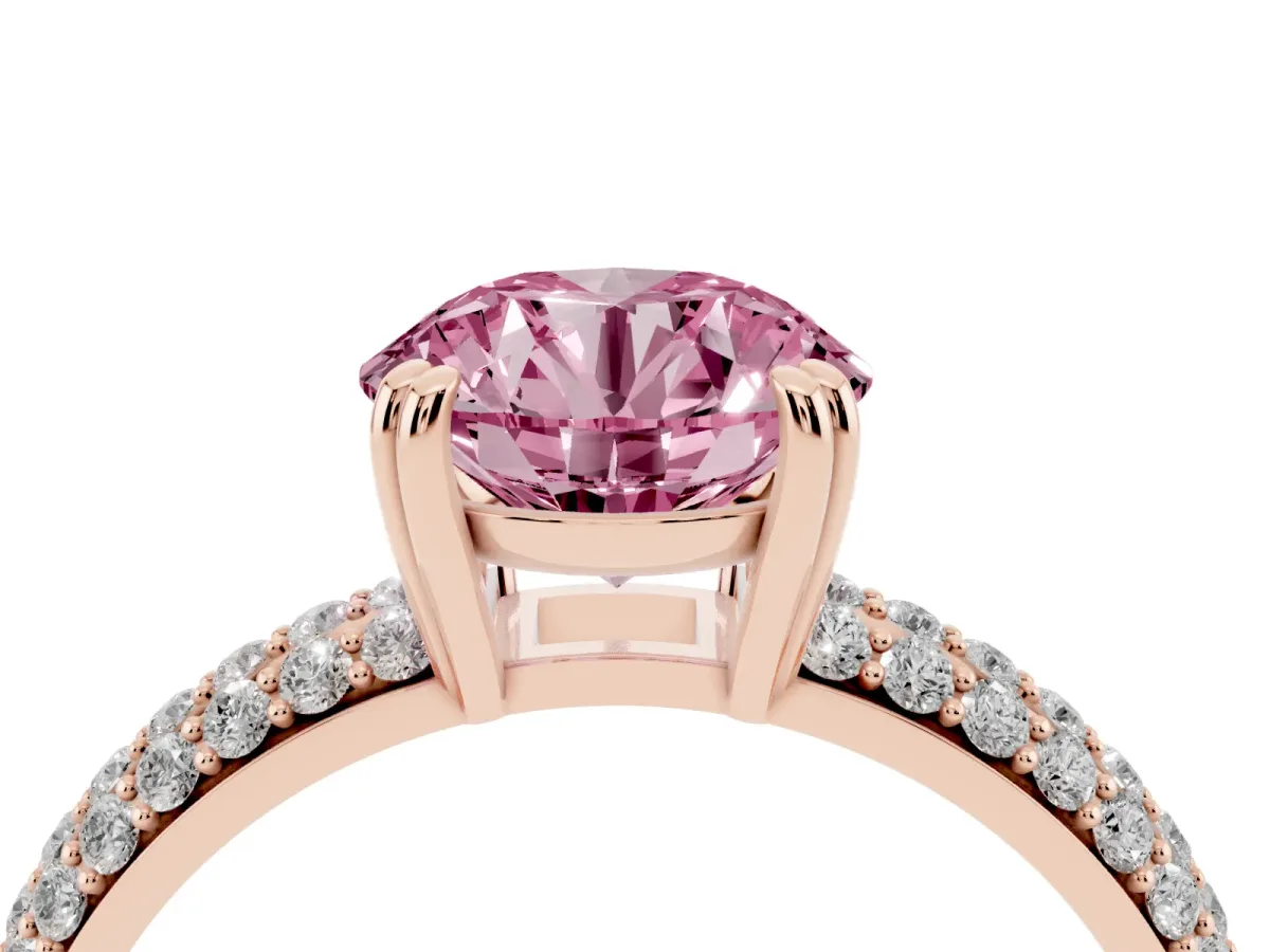 Fancy Pink Round Cut Diamond Solitaire Ring with Multi-Row Round Pavé Band and Prong Setting Rose gold