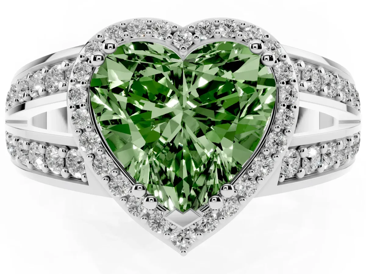 Fancy Green Heart Cut Diamond Halo Ring with Split Shank Pavé Band and Four-Prong Setting Platinum