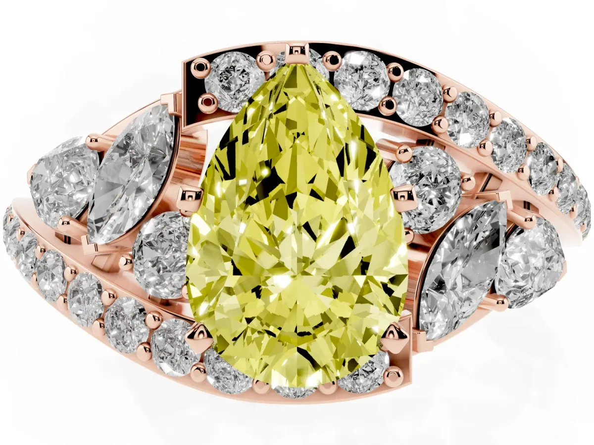 Fancy Yellow Pear Cut Diamond Halo Ring with Marquise and Pavé Band in Prong Setting Rose gold