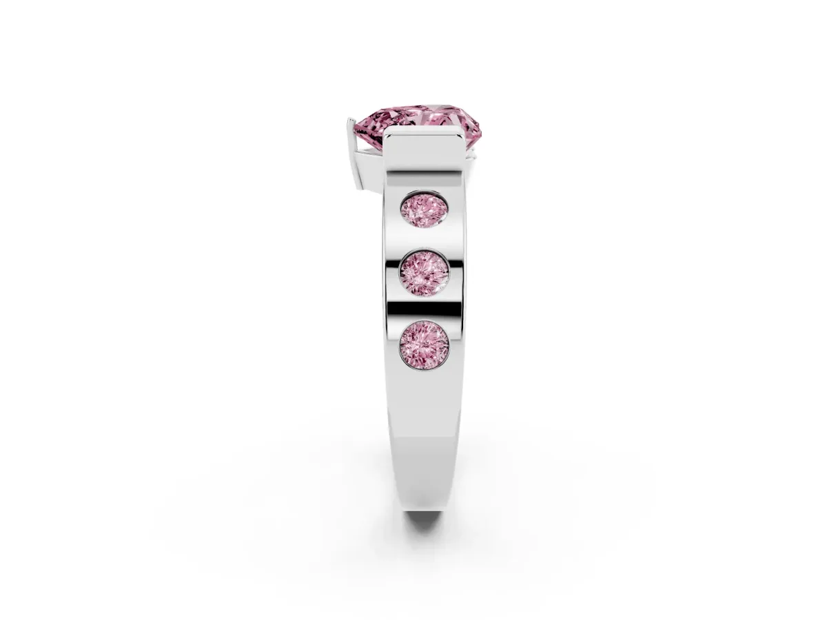 Fancy Pink Heart Cut Brilliant Channel-Set Diamond Ring with Bezel Prong Setting Silver