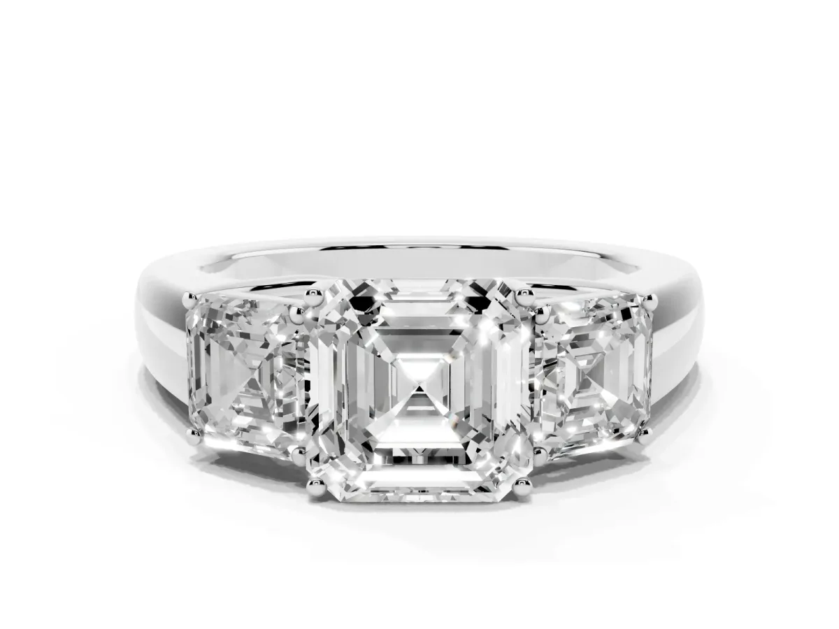 Three-Stone Asscher Cut Cut Diamond Ring with Prong Setting and Classic Band Silver
